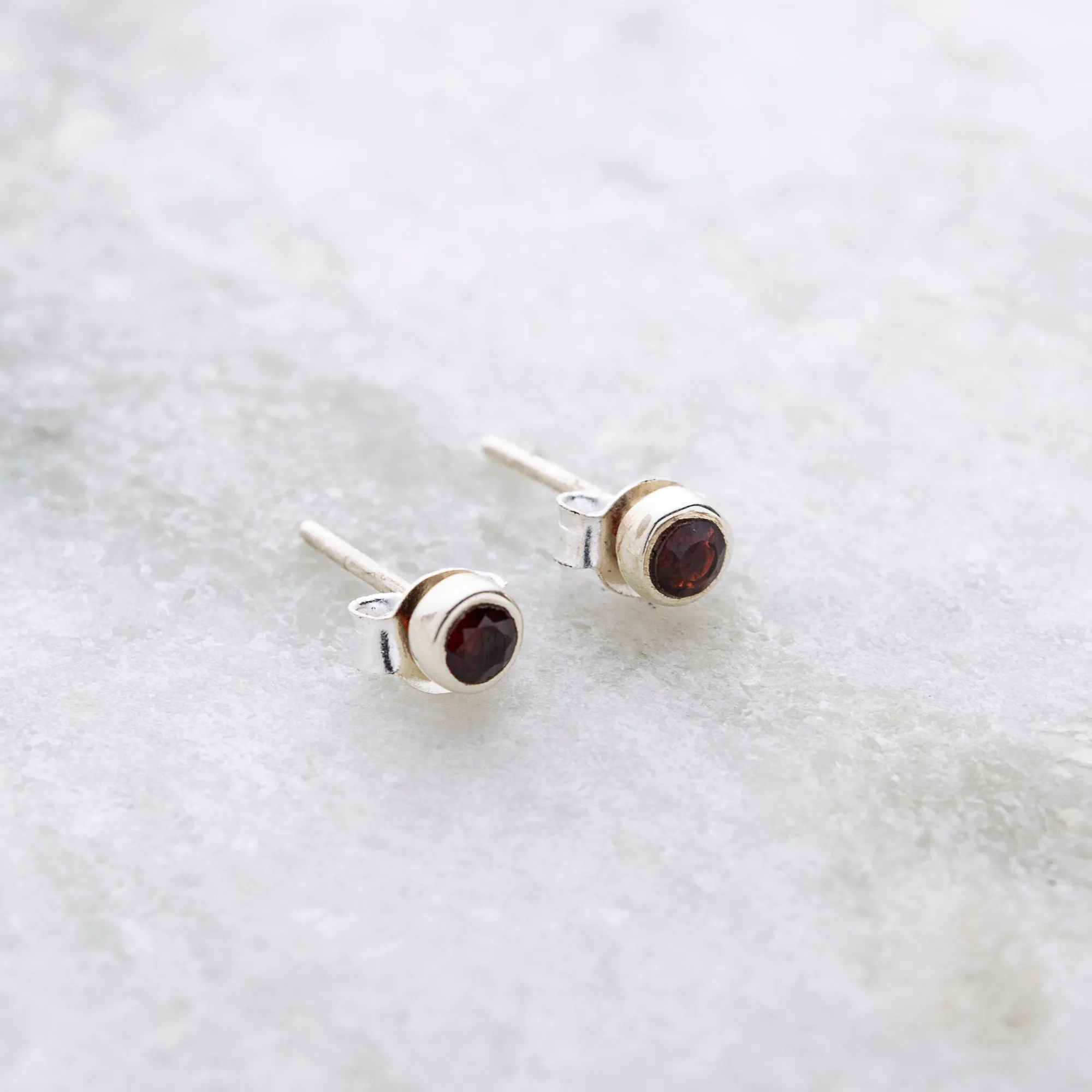 Bezel Stud Earrings, Garnet