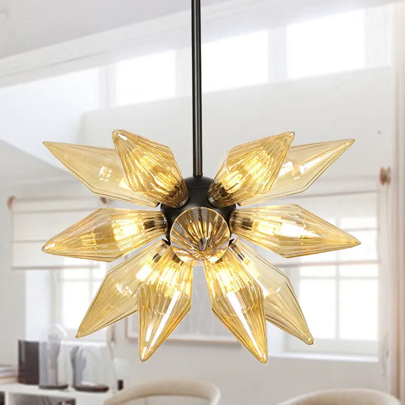 Black Diamond Amber Glass Bedroom Chandelier - 12 Bulb Ceiling Lamp, Contemporary Hanging Lighting