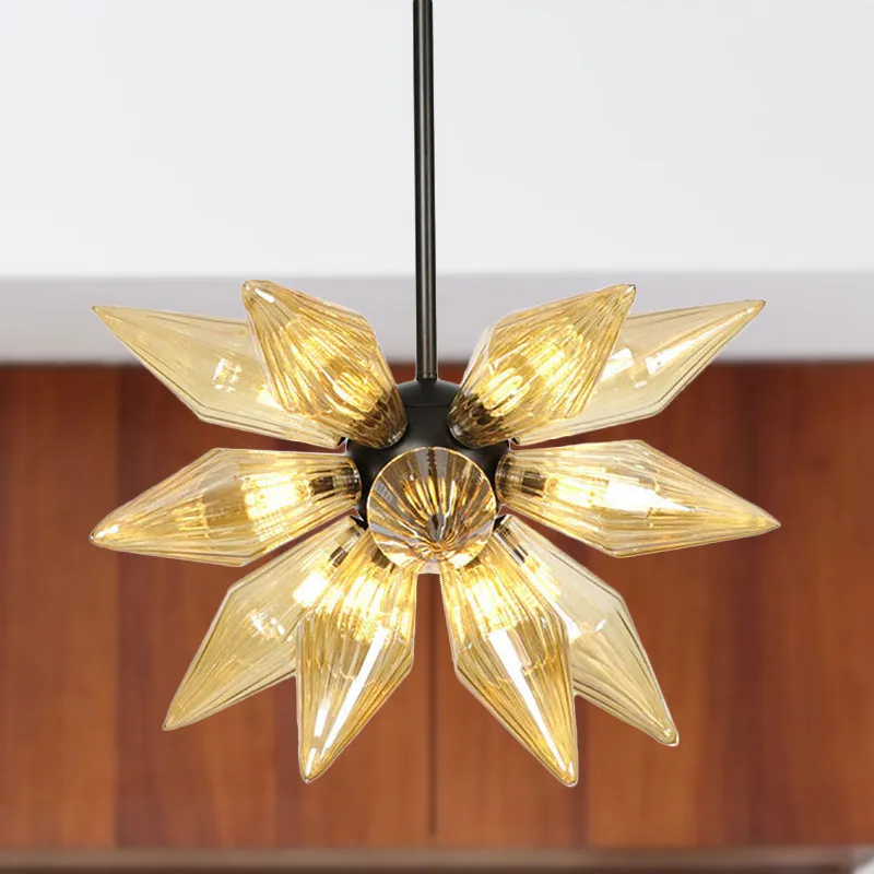 Black Diamond Amber Glass Bedroom Chandelier - 12 Bulb Ceiling Lamp, Contemporary Hanging Lighting