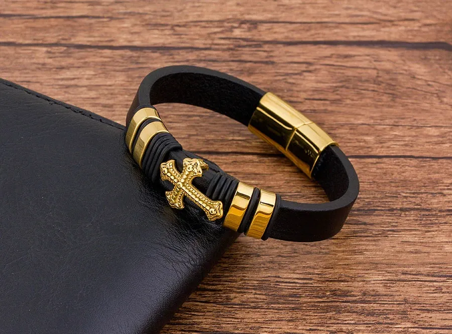 Black Leather Gold Plated Stainless Steel Cross Bracelet