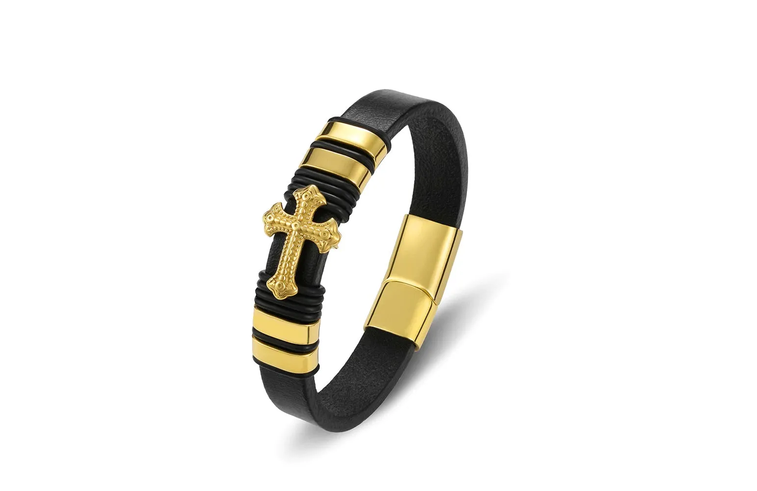 Black Leather Gold Plated Stainless Steel Cross Bracelet