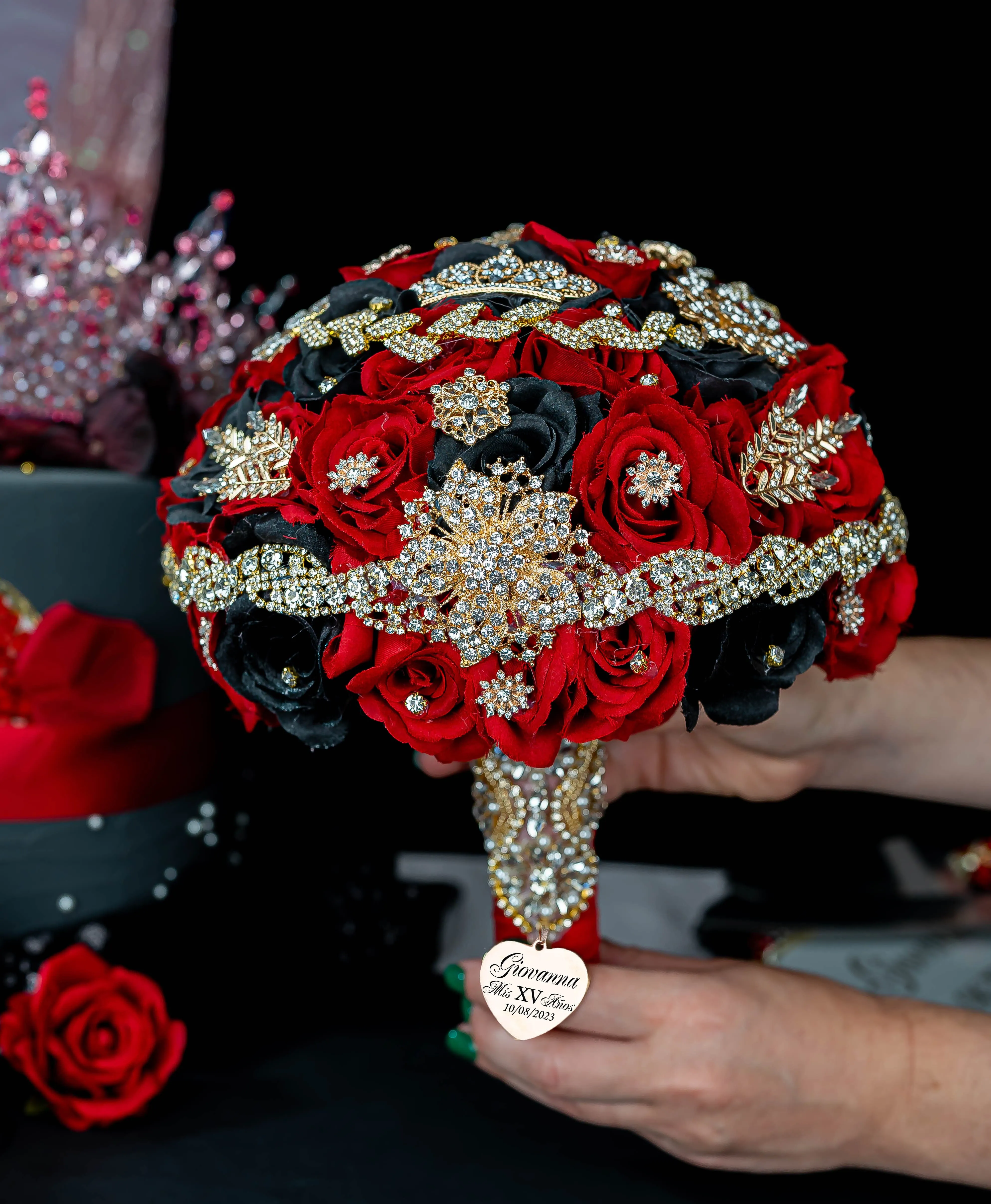 Black Red Gold quinceanera bouquet 9 inches