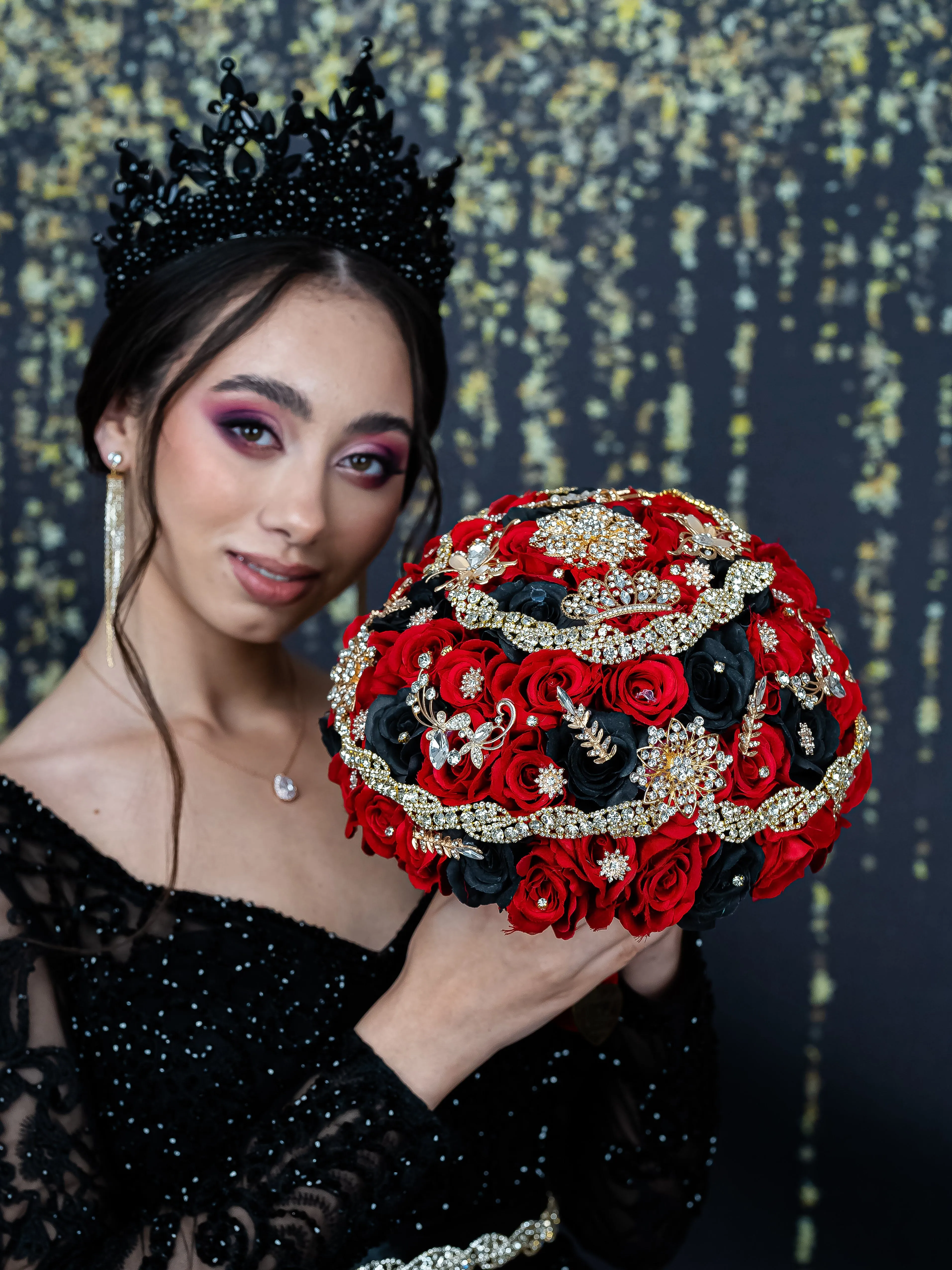 Black Red Gold quinceanera bouquet 9 inches