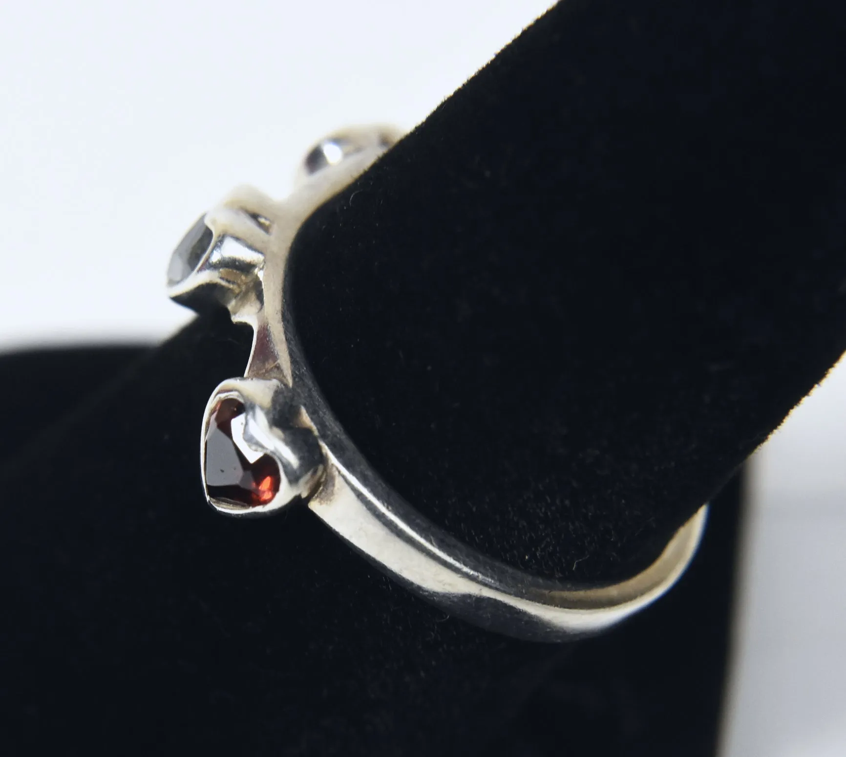 Blue Topaz, Red Garnet, Amethyst Hearts Sterling Silver Ring - Size 6.75