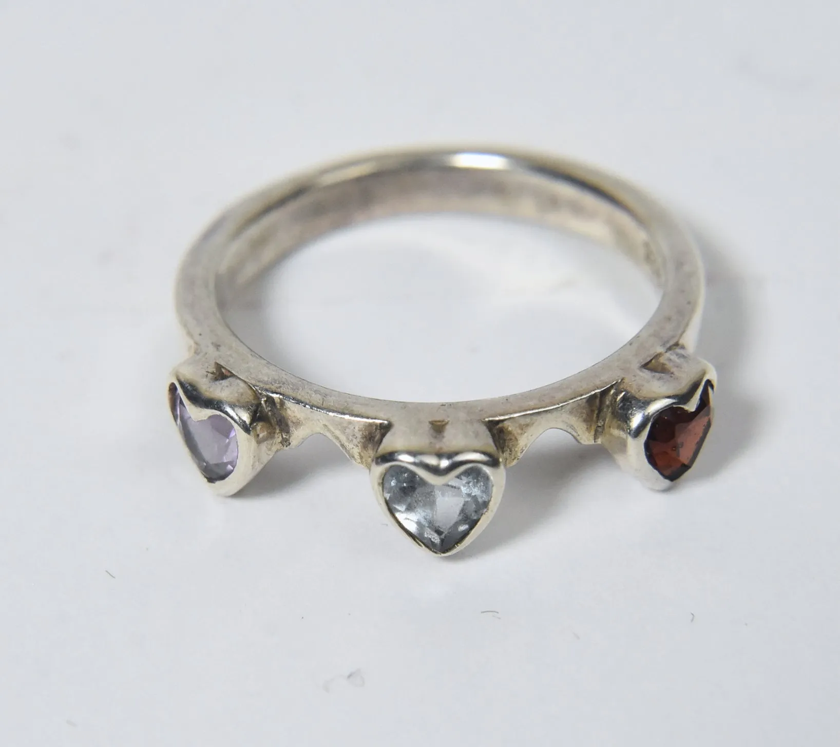 Blue Topaz, Red Garnet, Amethyst Hearts Sterling Silver Ring - Size 6.75