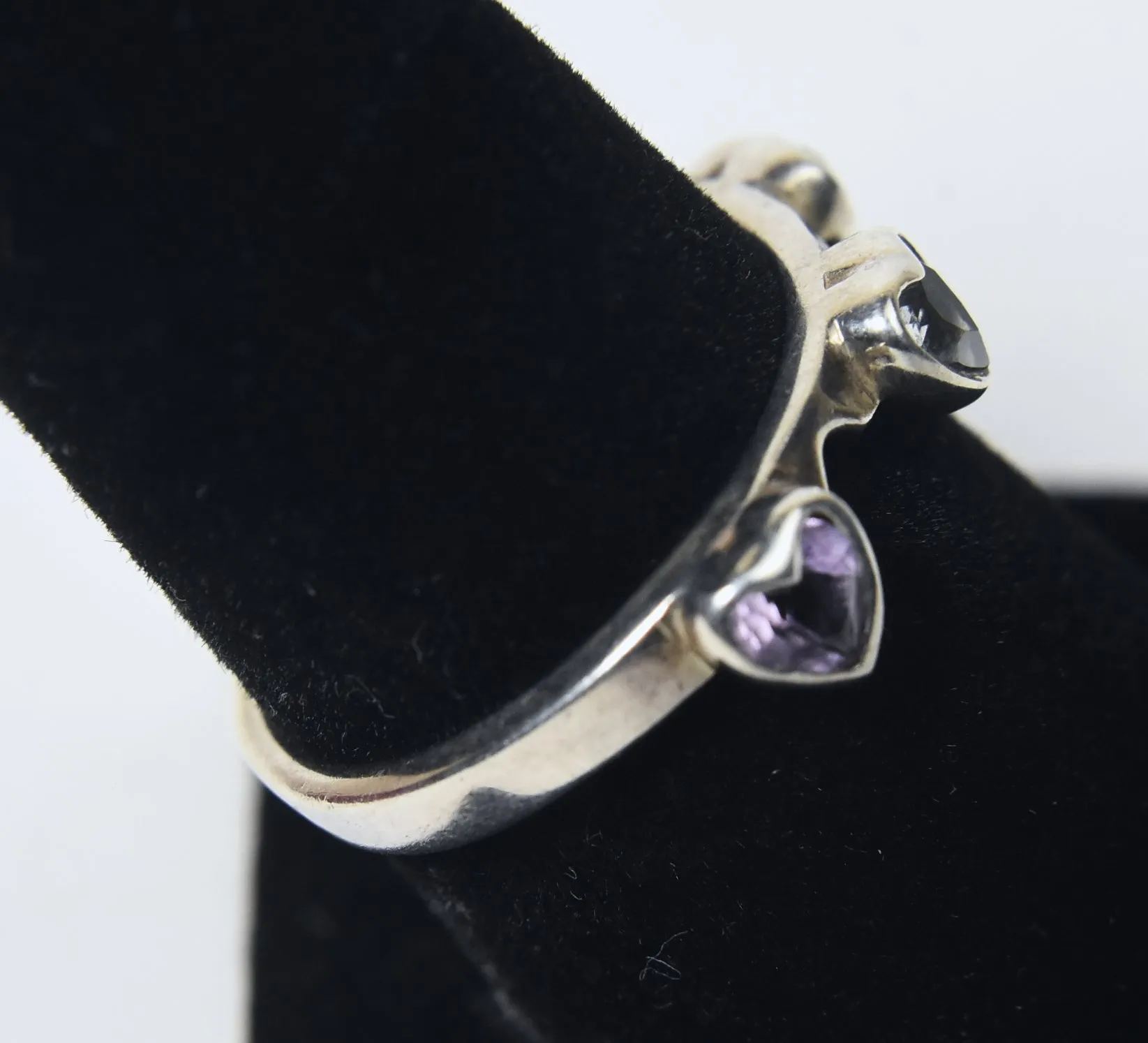 Blue Topaz, Red Garnet, Amethyst Hearts Sterling Silver Ring - Size 6.75