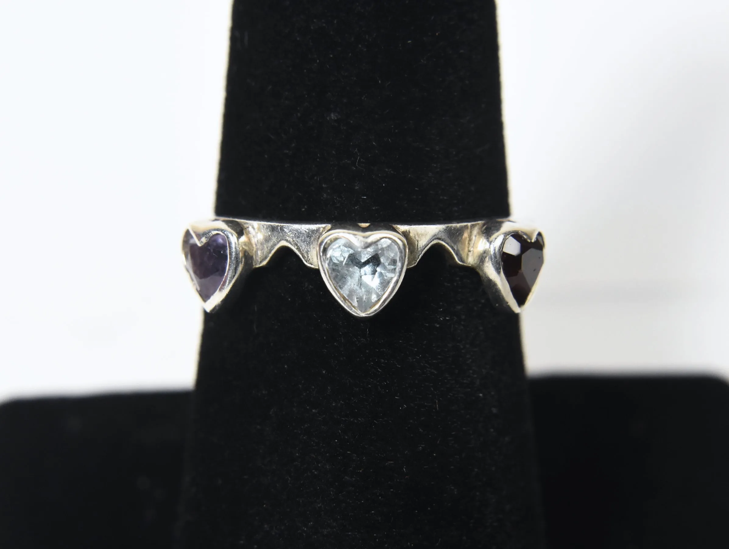 Blue Topaz, Red Garnet, Amethyst Hearts Sterling Silver Ring - Size 6.75