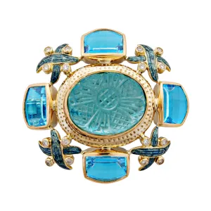 Brooch-Aquamarine, Blue Topaz and Diamond (Enamel)