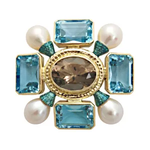 Brooch-Smokey Quartz, Blue Topaz and Pearl (Enamel)