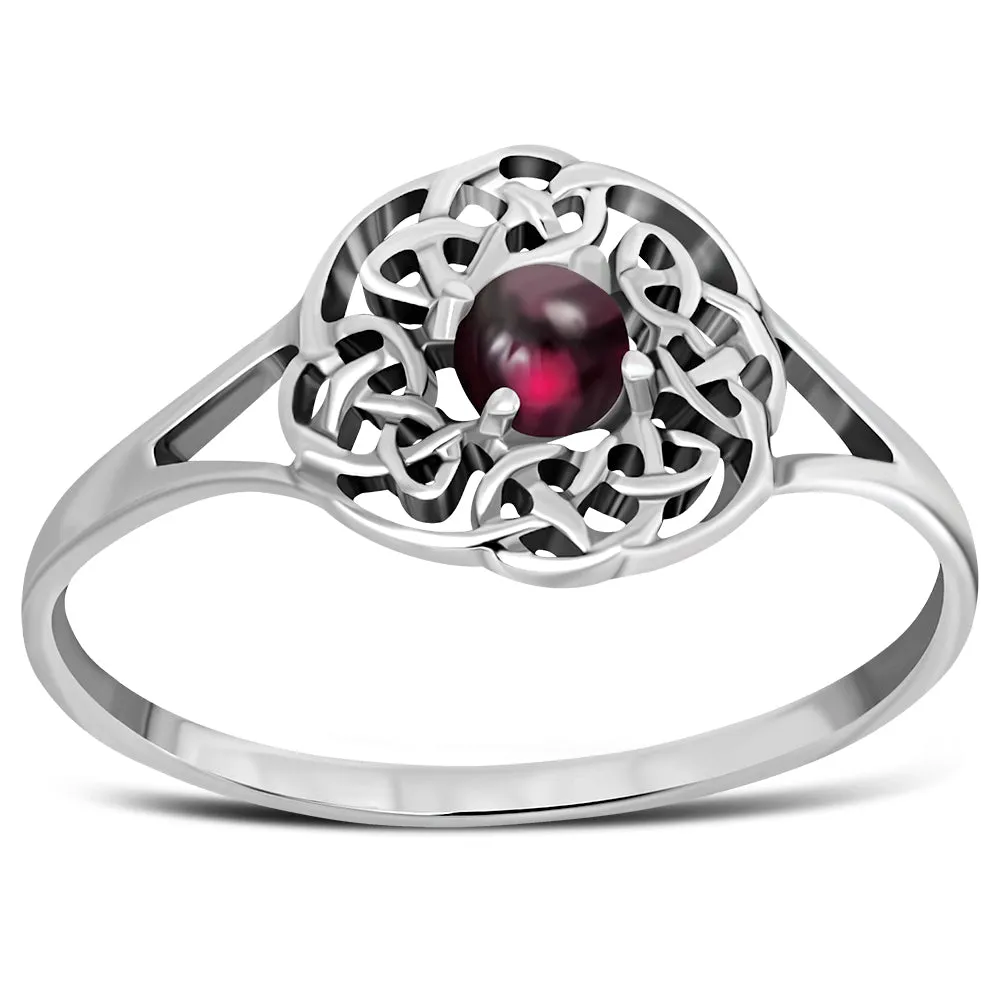 Delicate Round Garnet Celtic Silver Ring