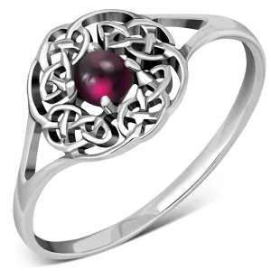 Delicate Round Garnet Celtic Silver Ring