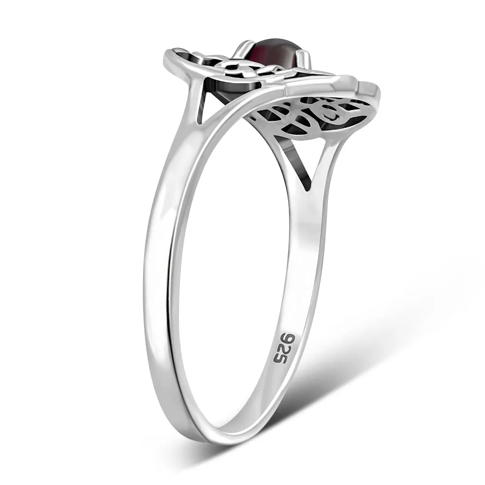 Delicate Round Garnet Celtic Silver Ring