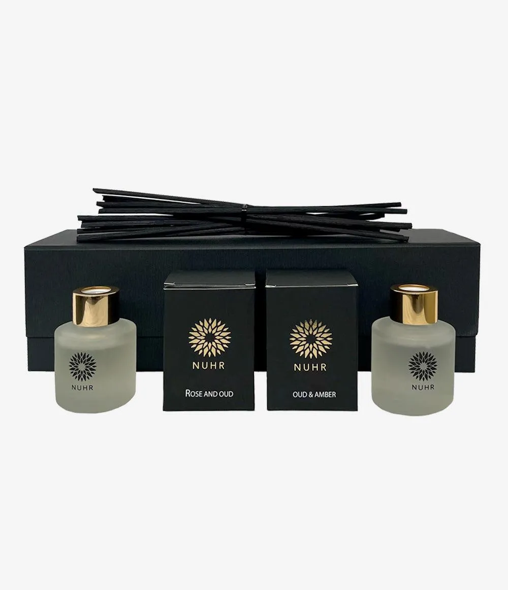 Double Oud Luxury Reed Diffuser Gift Set - Rose and Oud 50ml, Oud and Amber 50ml