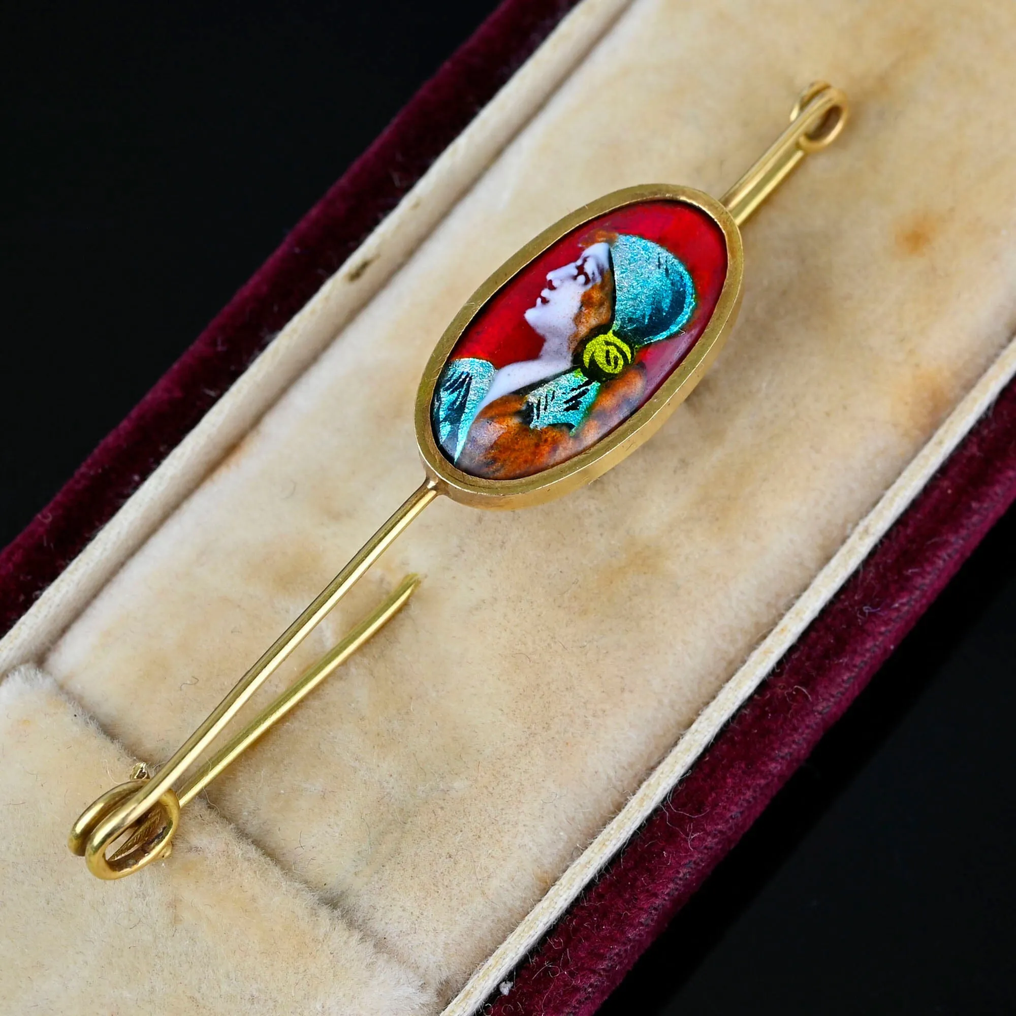 French 14K Gold Safety Pin Enamel Limoges Brooch