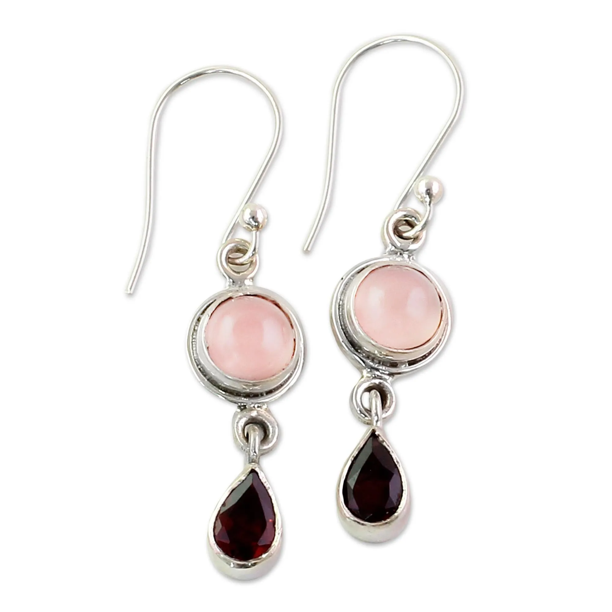 Garnet and Chalcedony Dangle Earrings from India - Crimson Droplets | NOVICA