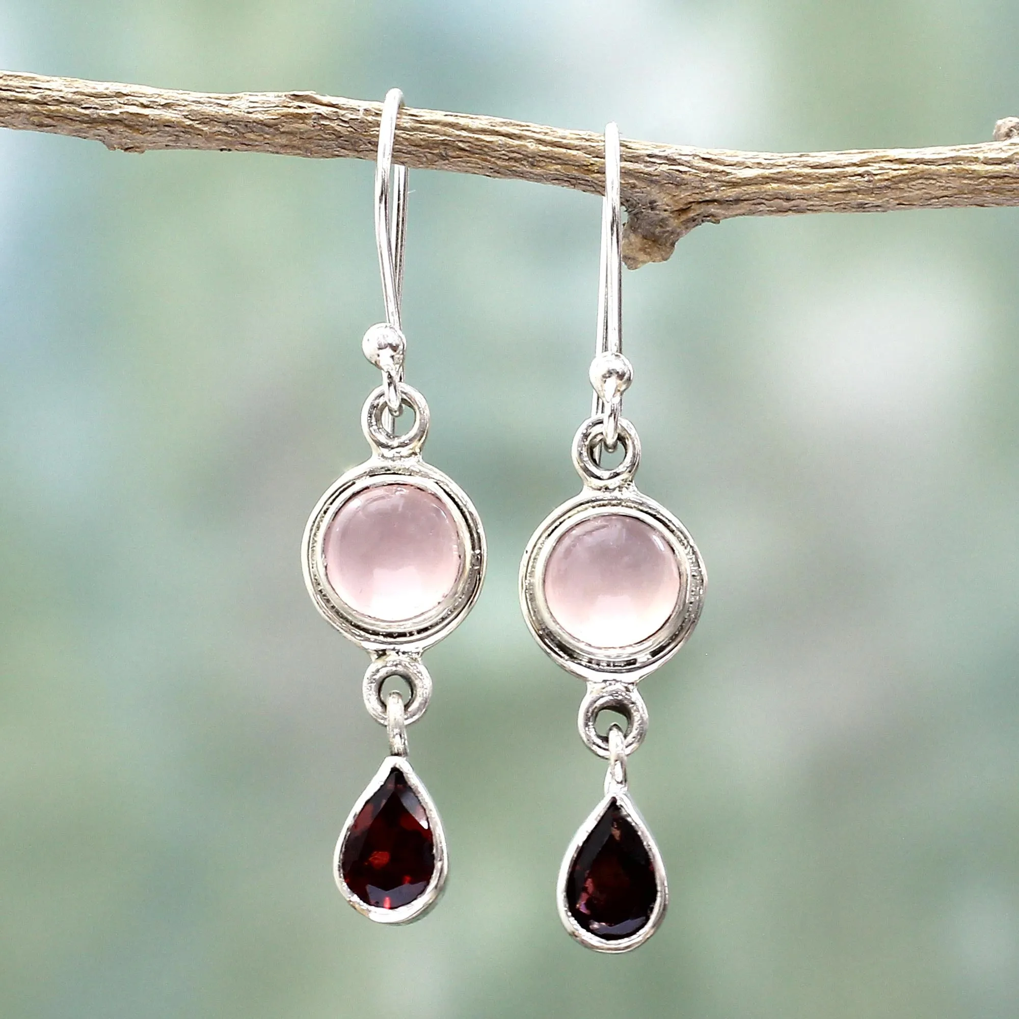 Garnet and Chalcedony Dangle Earrings from India - Crimson Droplets | NOVICA