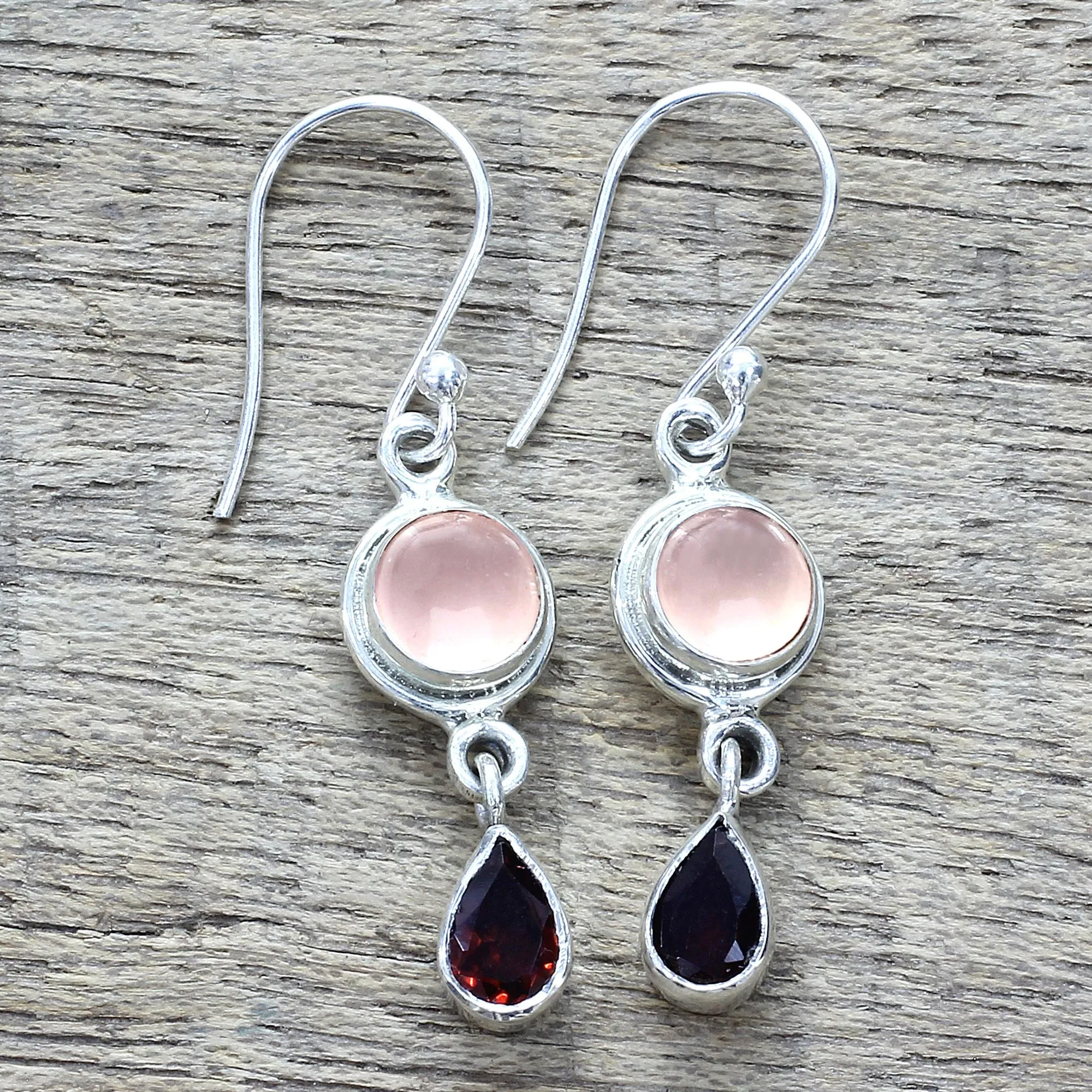 Garnet and Chalcedony Dangle Earrings from India - Crimson Droplets | NOVICA