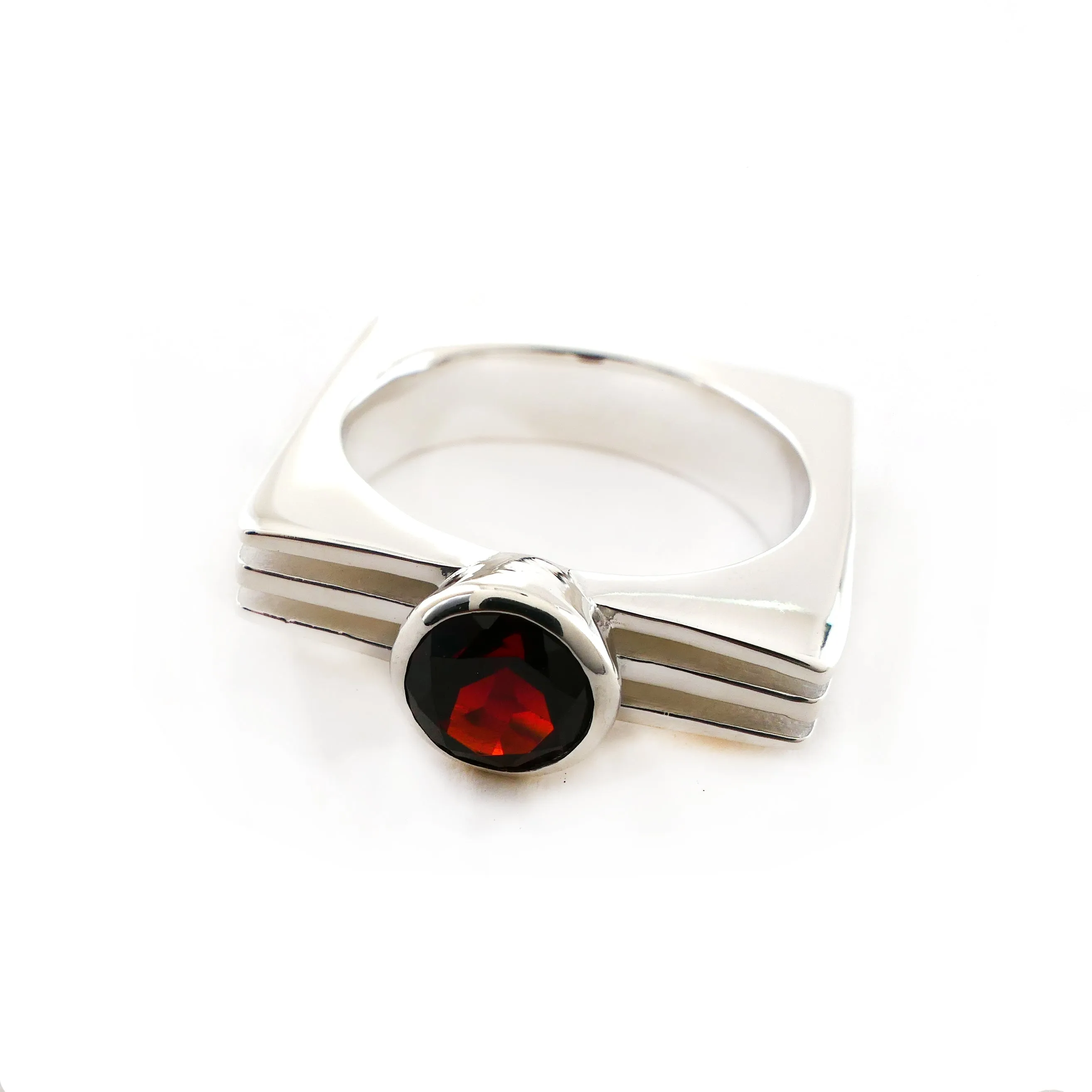 Garnet Square Layer Ring in Sterling Silver