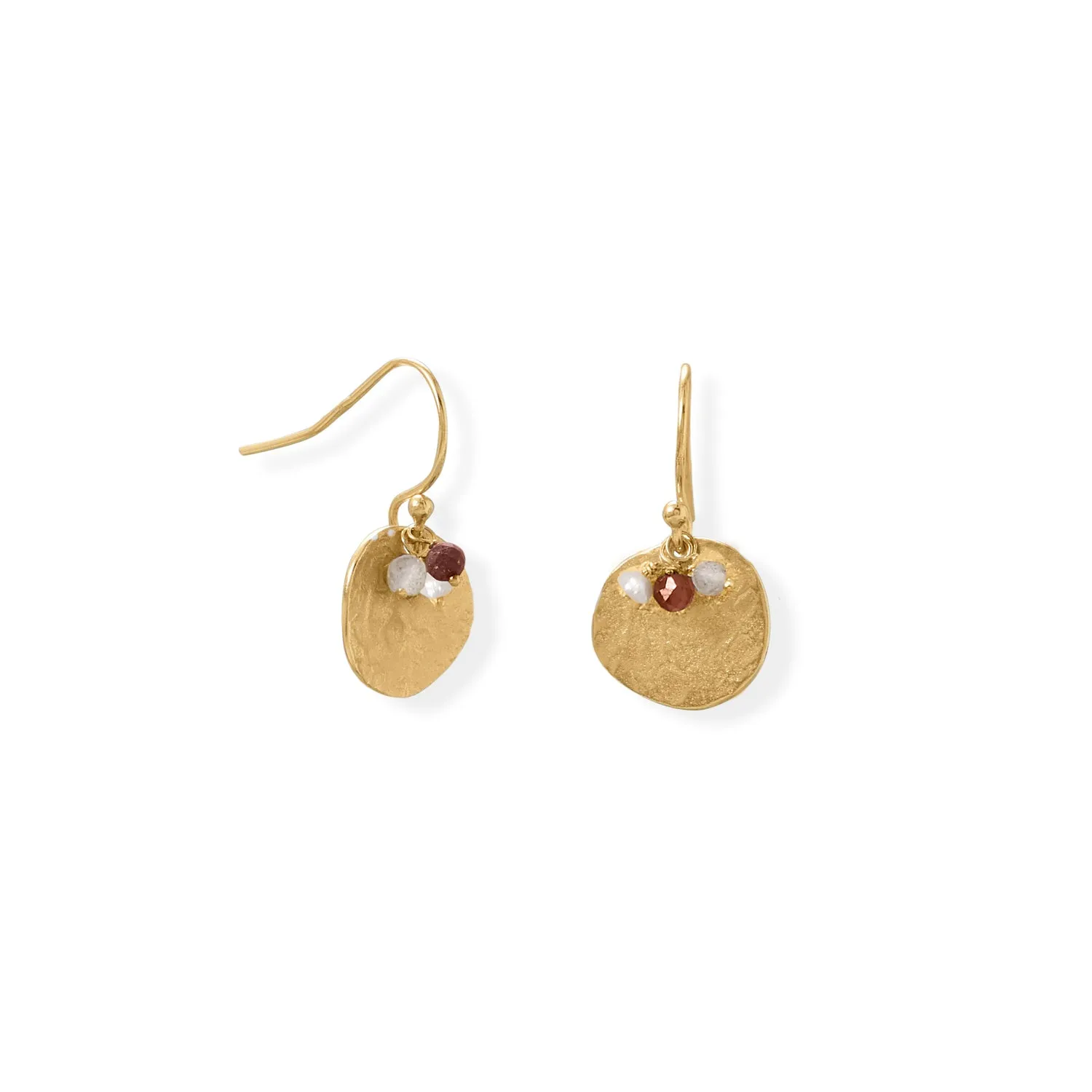 Glimmering Garnet! 14 Karat Gold Plated Garnet, Labradorite and Pearl Disk Earring