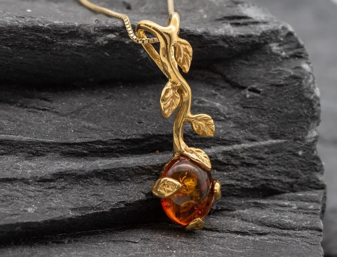 Gold Amber Necklace - Natural Amber Pendant - Long Branch Necklace