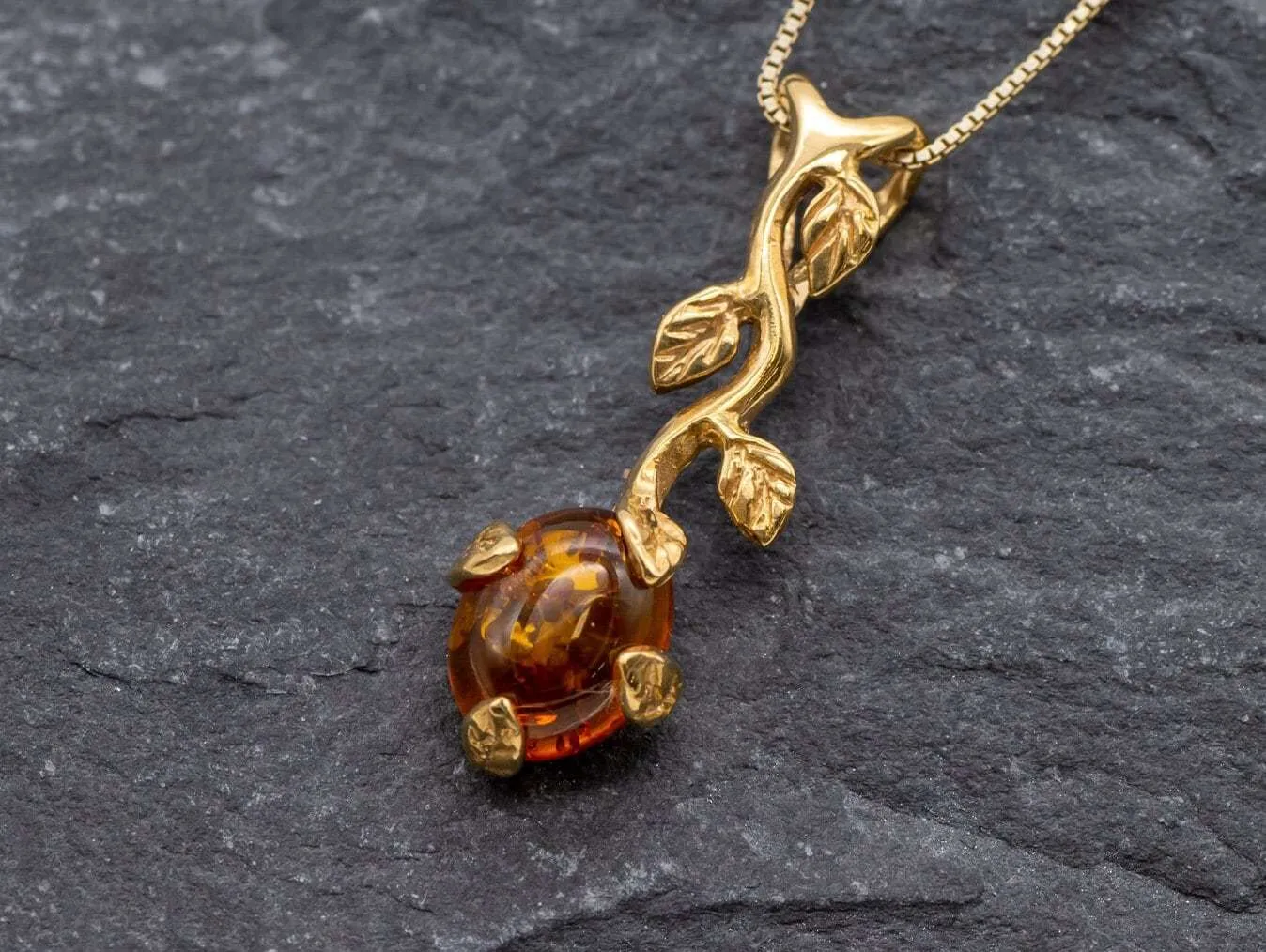 Gold Amber Necklace - Natural Amber Pendant - Long Branch Necklace