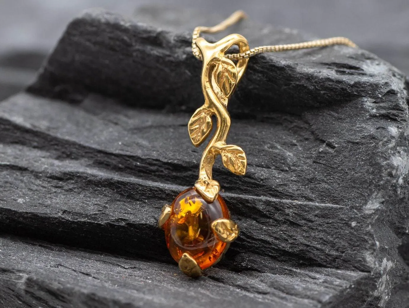 Gold Amber Necklace - Natural Amber Pendant - Long Branch Necklace