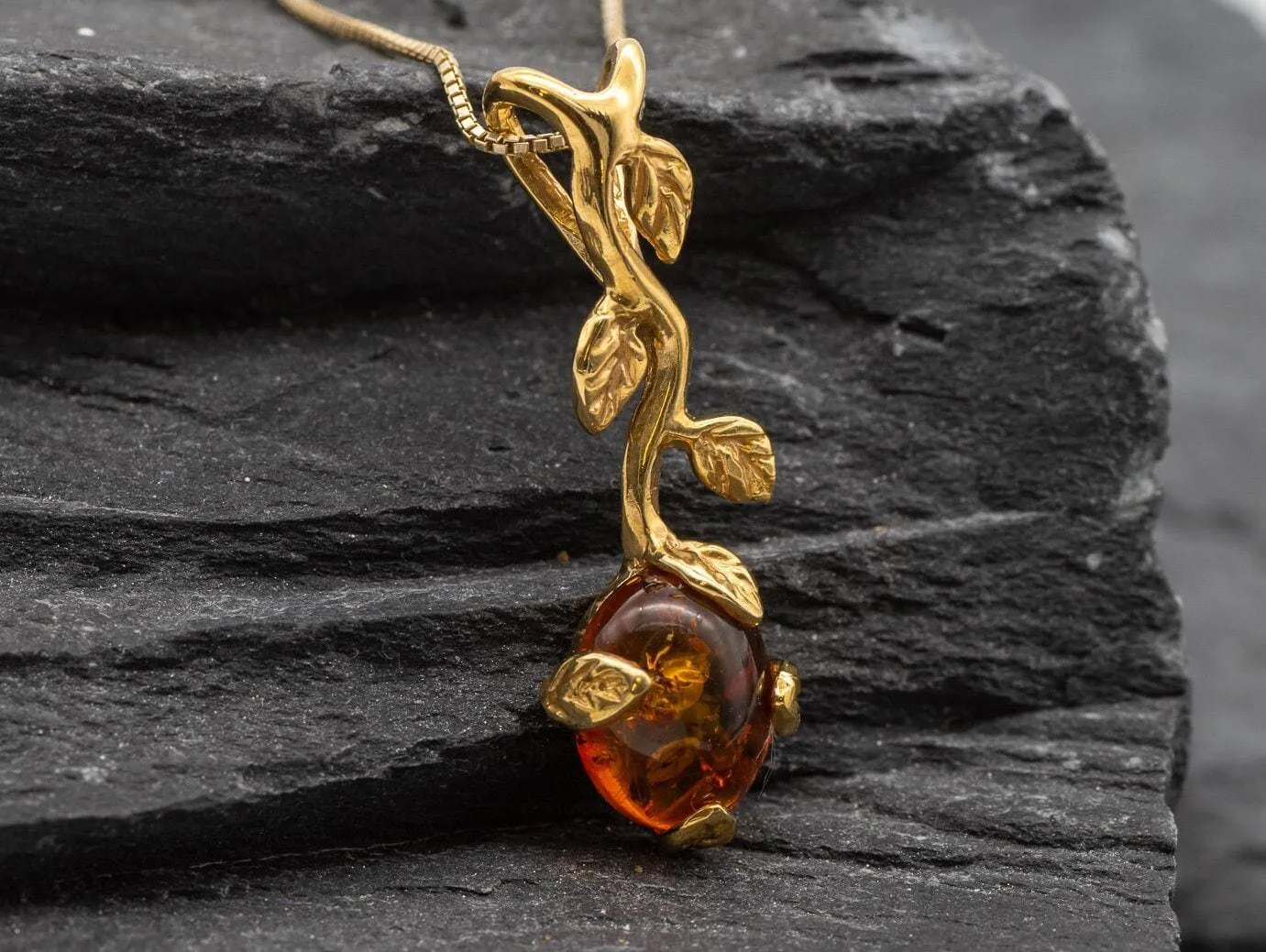 Gold Amber Necklace - Natural Amber Pendant - Long Branch Necklace