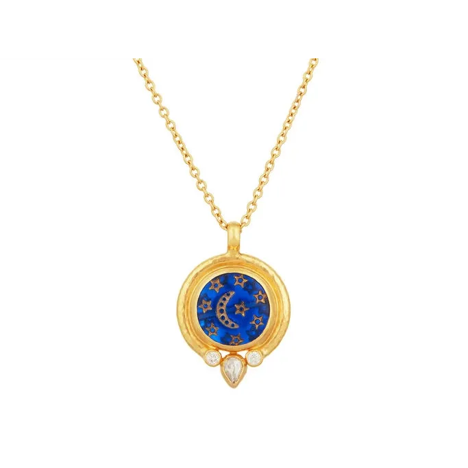 Gurhan One-of-a-Kind 24K Yellow Gold Moon and Stars Crystal Intaglio Diamond Pendant with 22K Chain and 18K Clasp