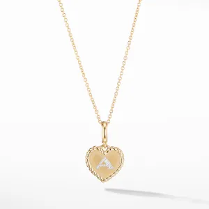 Initial Heart Charm Necklace in 18K Yellow Gold with Pave Diamonds