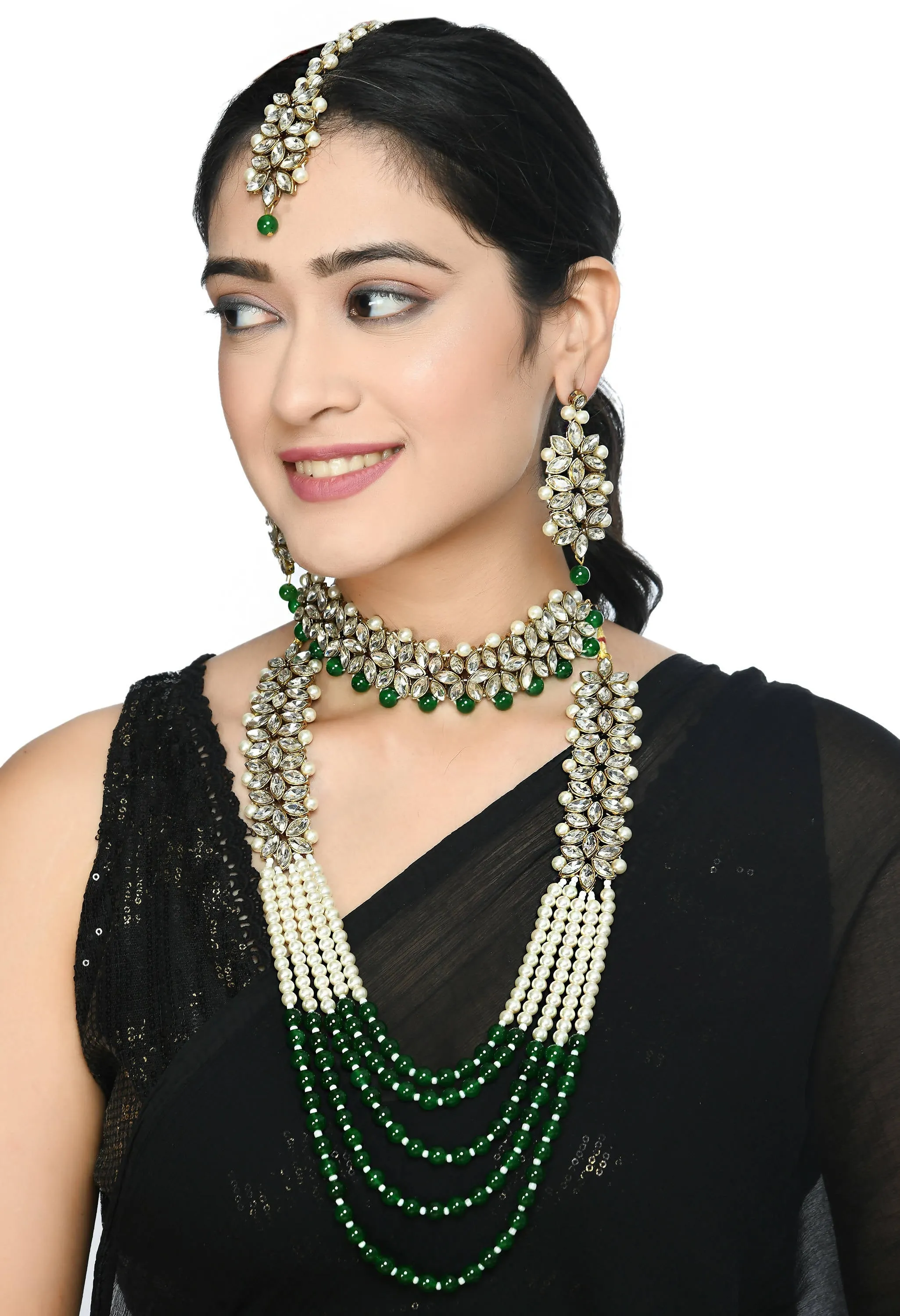 Johar Kamal Golden Plated with stone and green Pearls Necklace Combo Set Jkms_127