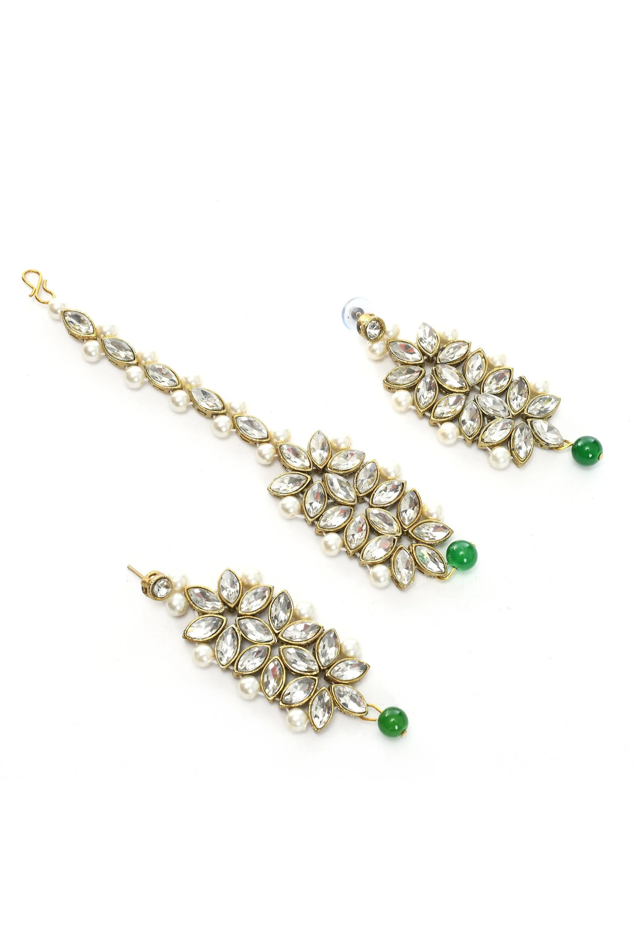 Johar Kamal Golden Plated with stone and green Pearls Necklace Combo Set Jkms_127