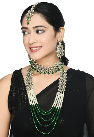 Johar Kamal Golden Plated with stone and green Pearls Necklace Combo Set Jkms_127