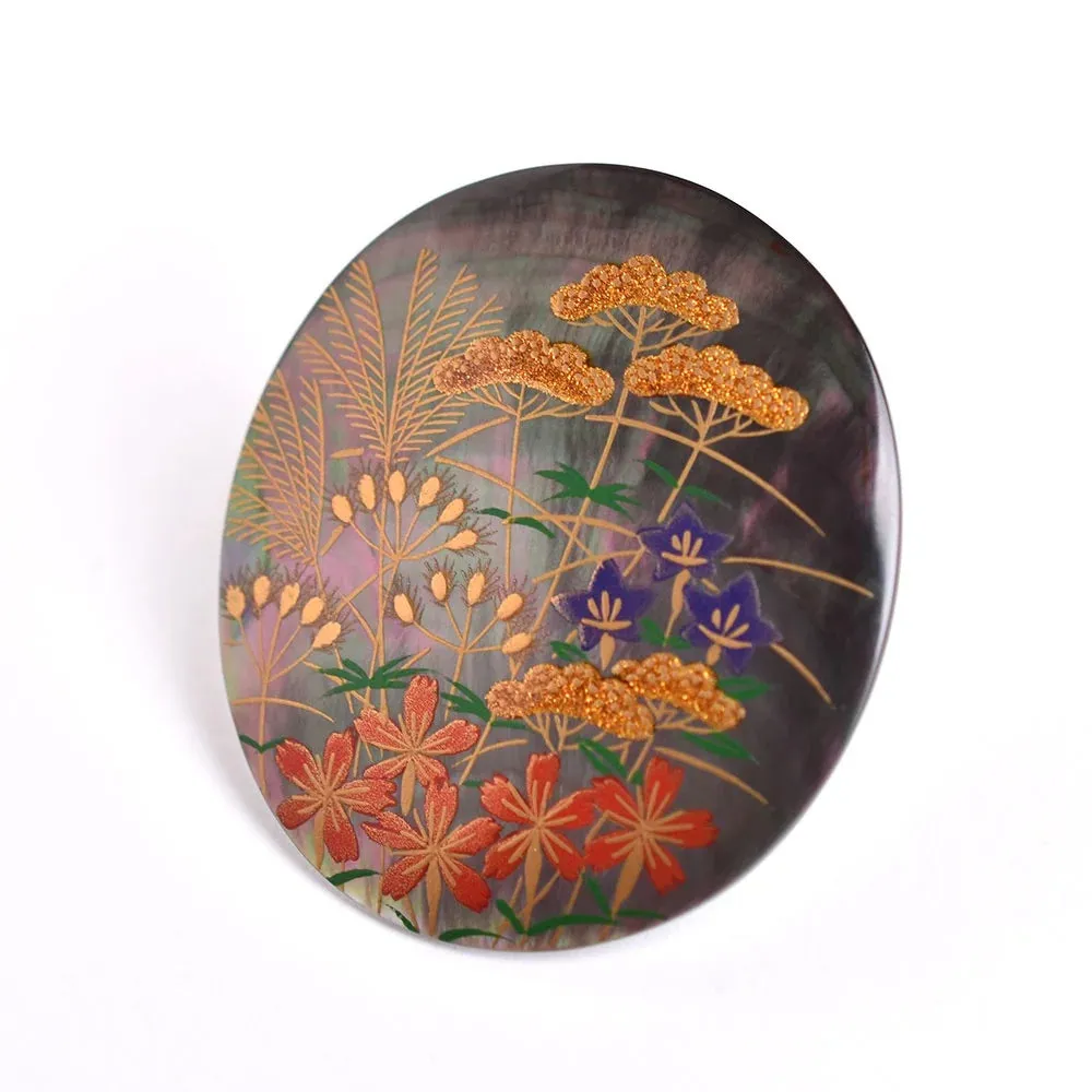 Maki-e Urushi Lacquer Brooch - Black Lip Oyster Pearl Shell / Autumn Flower -, Traditional Japanese Urushi Lacquer Jewelry