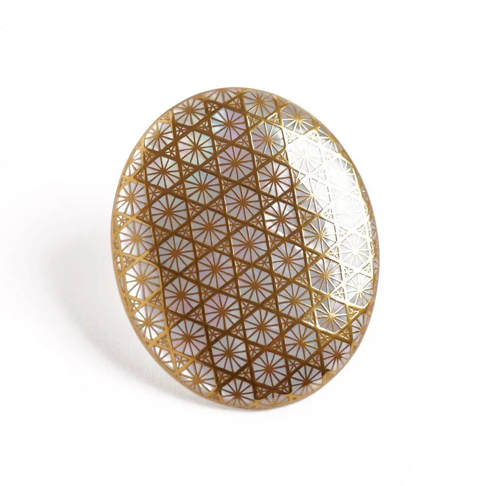 Maki-e Urushi Lacquer Brooch - White South Sea Pearl Shell / Bamboo Weave Pattern -, Traditional Japanese Urushi Lacquer Jewelry