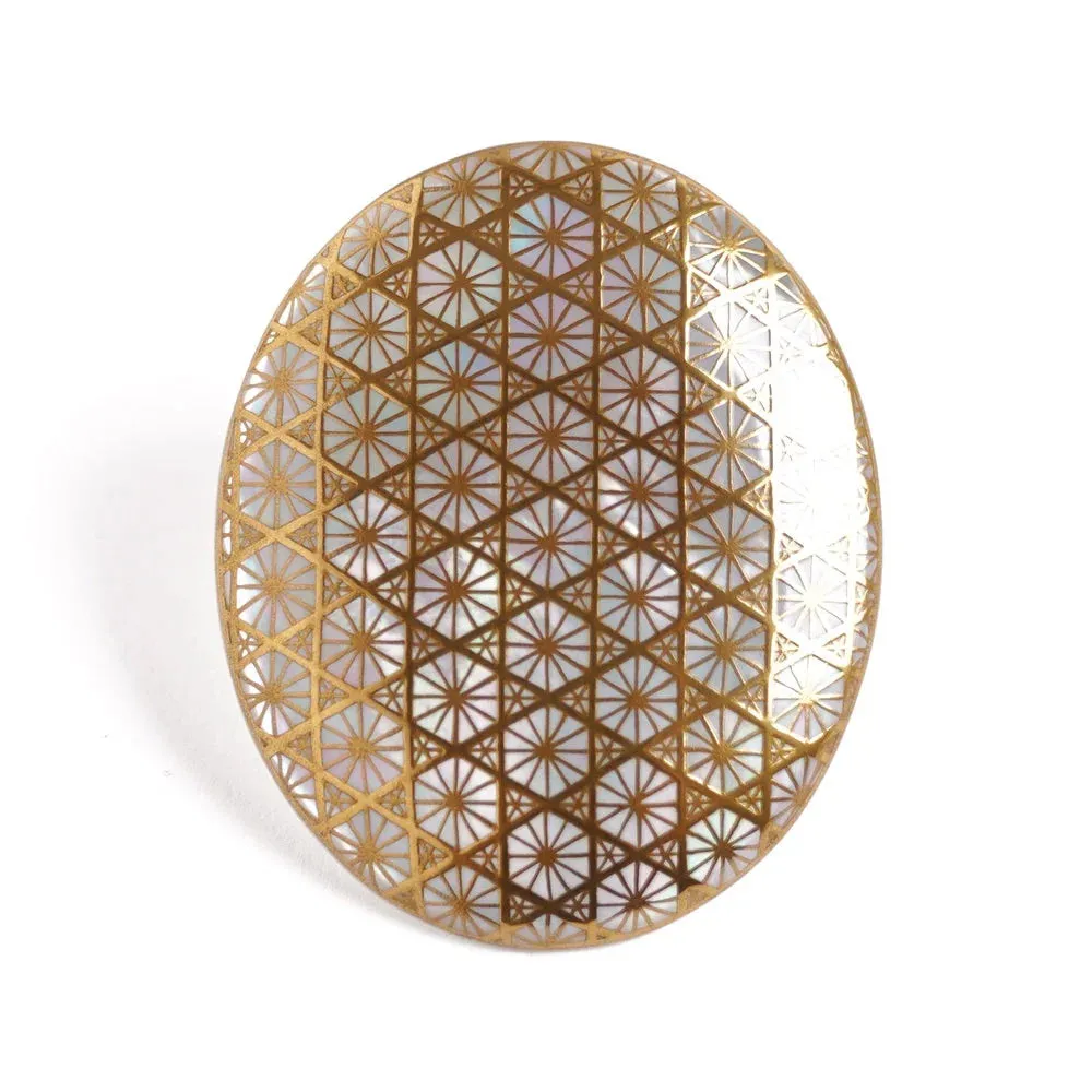 Maki-e Urushi Lacquer Brooch - White South Sea Pearl Shell / Bamboo Weave Pattern -, Traditional Japanese Urushi Lacquer Jewelry