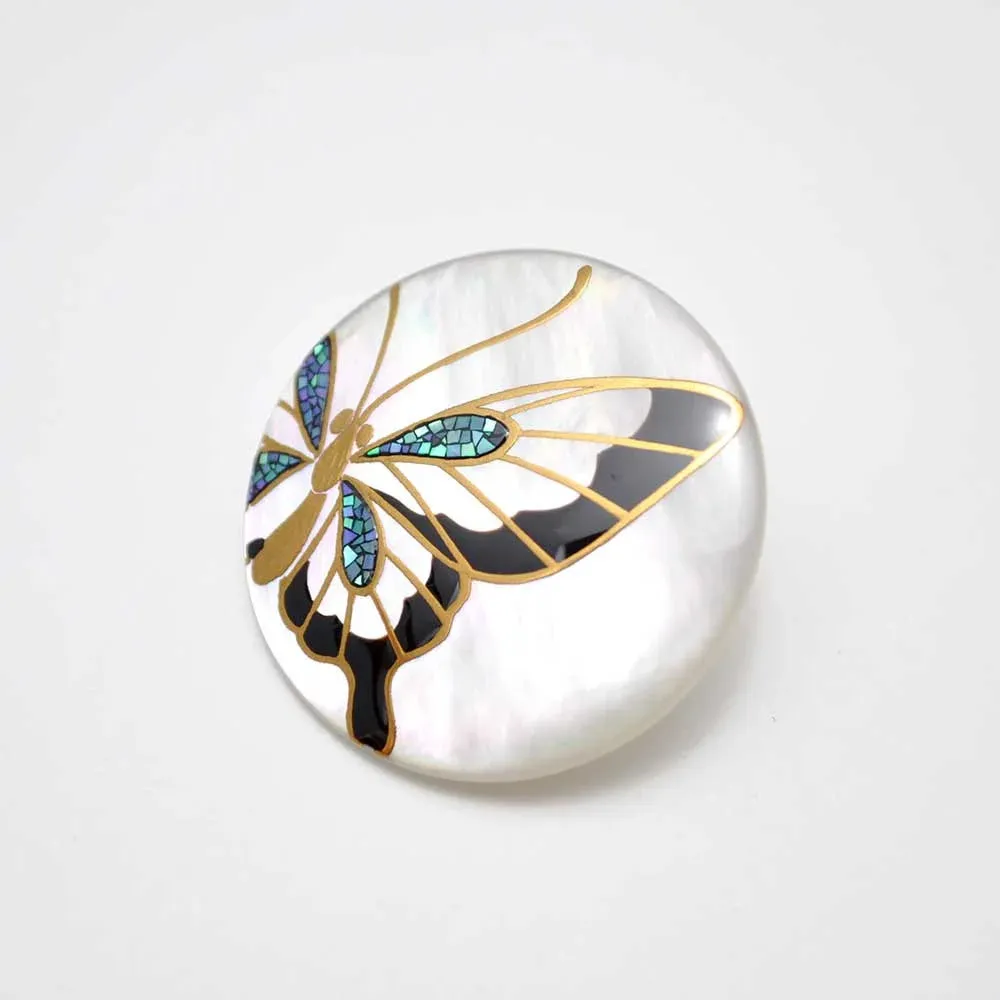 Maki-e Urushi Lacquer Brooch - White South Sea Pearl Shell / Butterfly -, Traditional Japanese Urushi Lacquer Jewelry