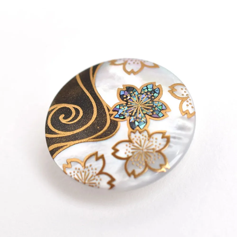 Maki-e Urushi Lacquer Brooch - White South Sea Pearl Shell / Flowing Water and Cherry Blossoms -, Traditional Japanese Urushi Lacquer Jewelry