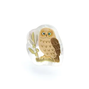 Maki-e Urushi Lacquer Brooch - White South Sea Pearl Shell / Owl -, Traditional Japanese Urushi Lacquer Jewelry