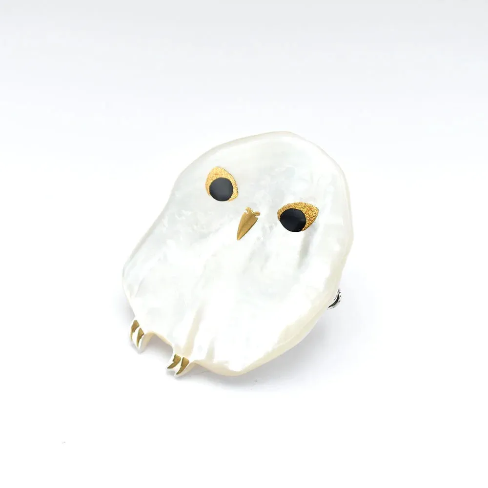 Maki-e Urushi Lacquer Brooch - White South Sea Pearl Shell / Owl -, Traditional Japanese Urushi Lacquer Jewelry