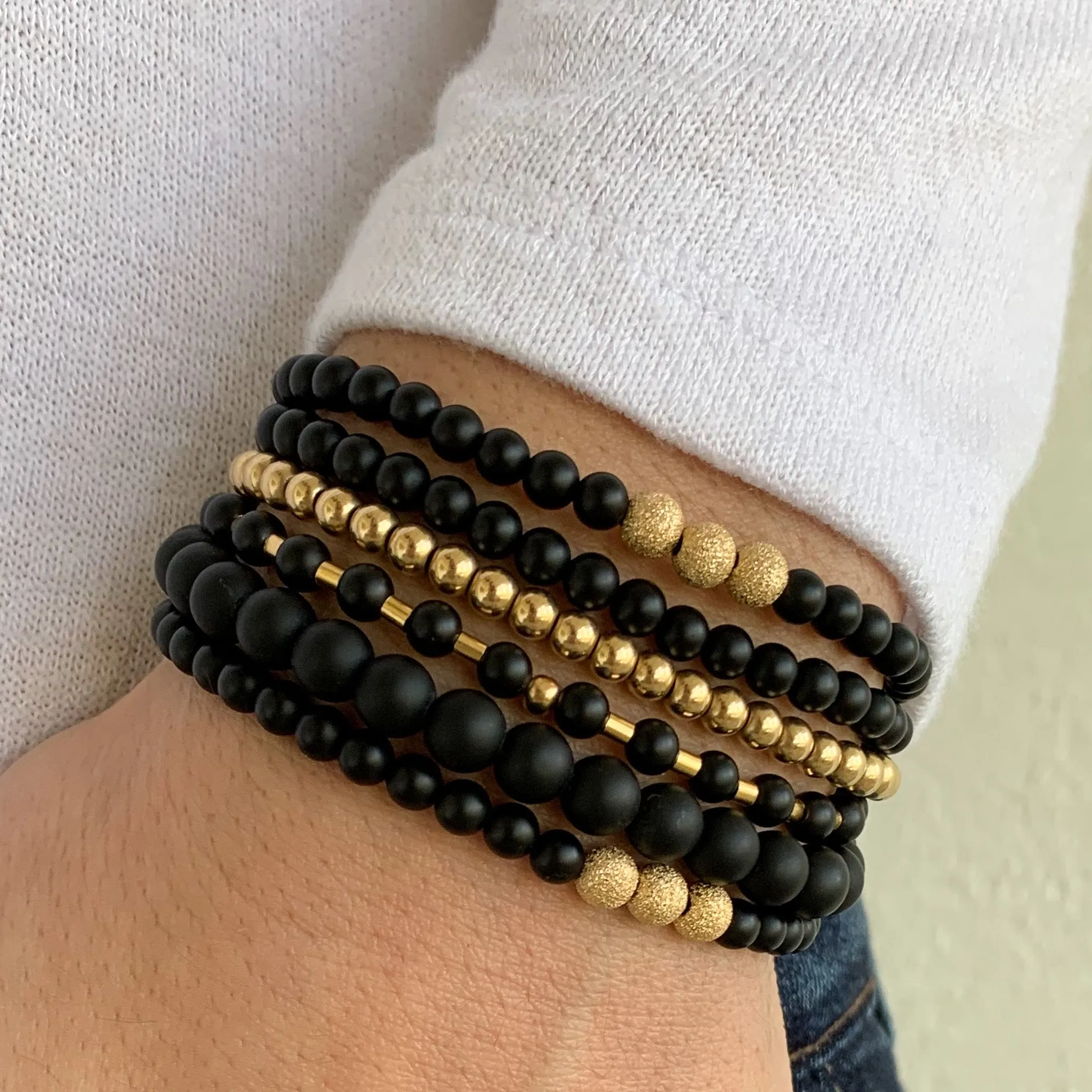 Matte Black & 14k Gold Filled Bracelet Stack