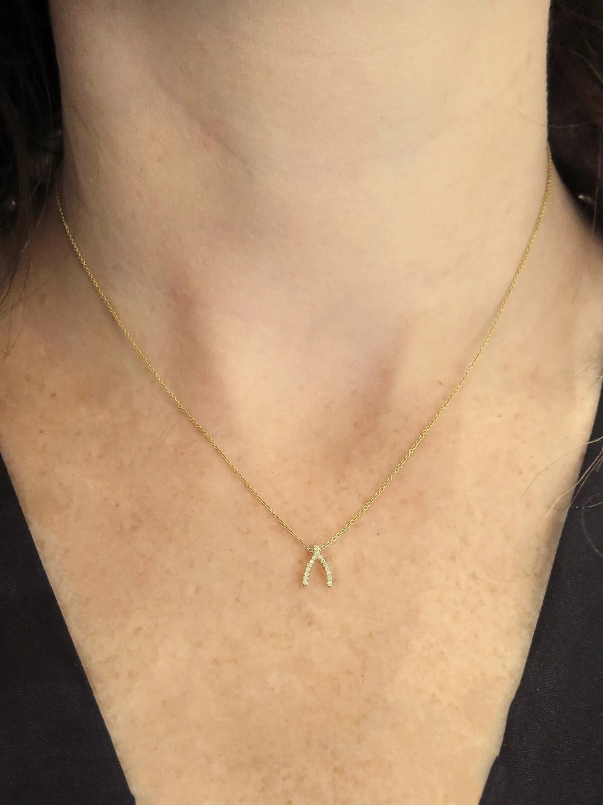 Mini Diamond Wishbone Yellow Gold Necklace