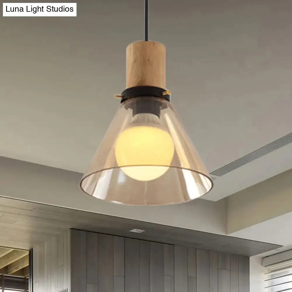 Modern Cone Pendant Light with Amber Glass & Wooden Cap - 1-Light Ceiling Hanging Fixture