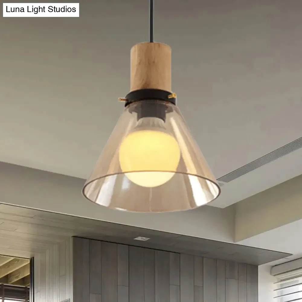 Modern Cone Pendant Light with Amber Glass & Wooden Cap - 1-Light Ceiling Hanging Fixture