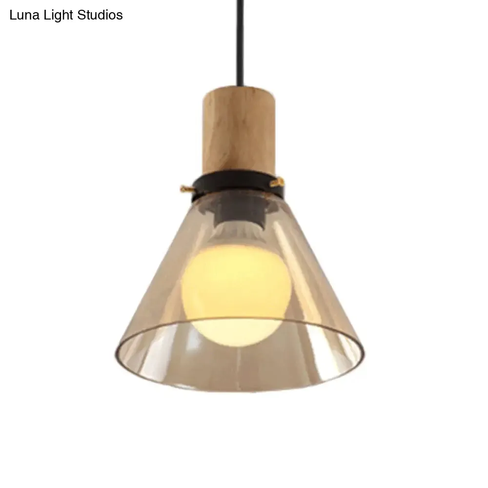 Modern Cone Pendant Light with Amber Glass & Wooden Cap - 1-Light Ceiling Hanging Fixture