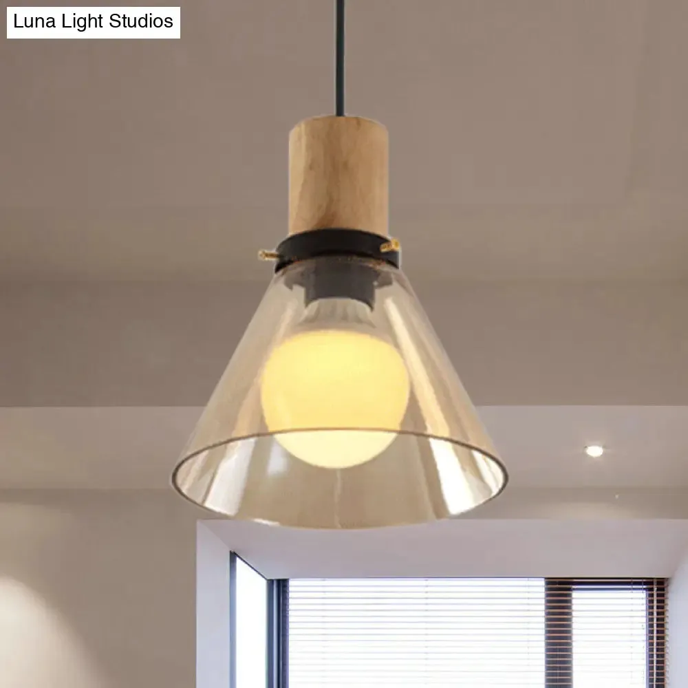 Modern Cone Pendant Light with Amber Glass & Wooden Cap - 1-Light Ceiling Hanging Fixture