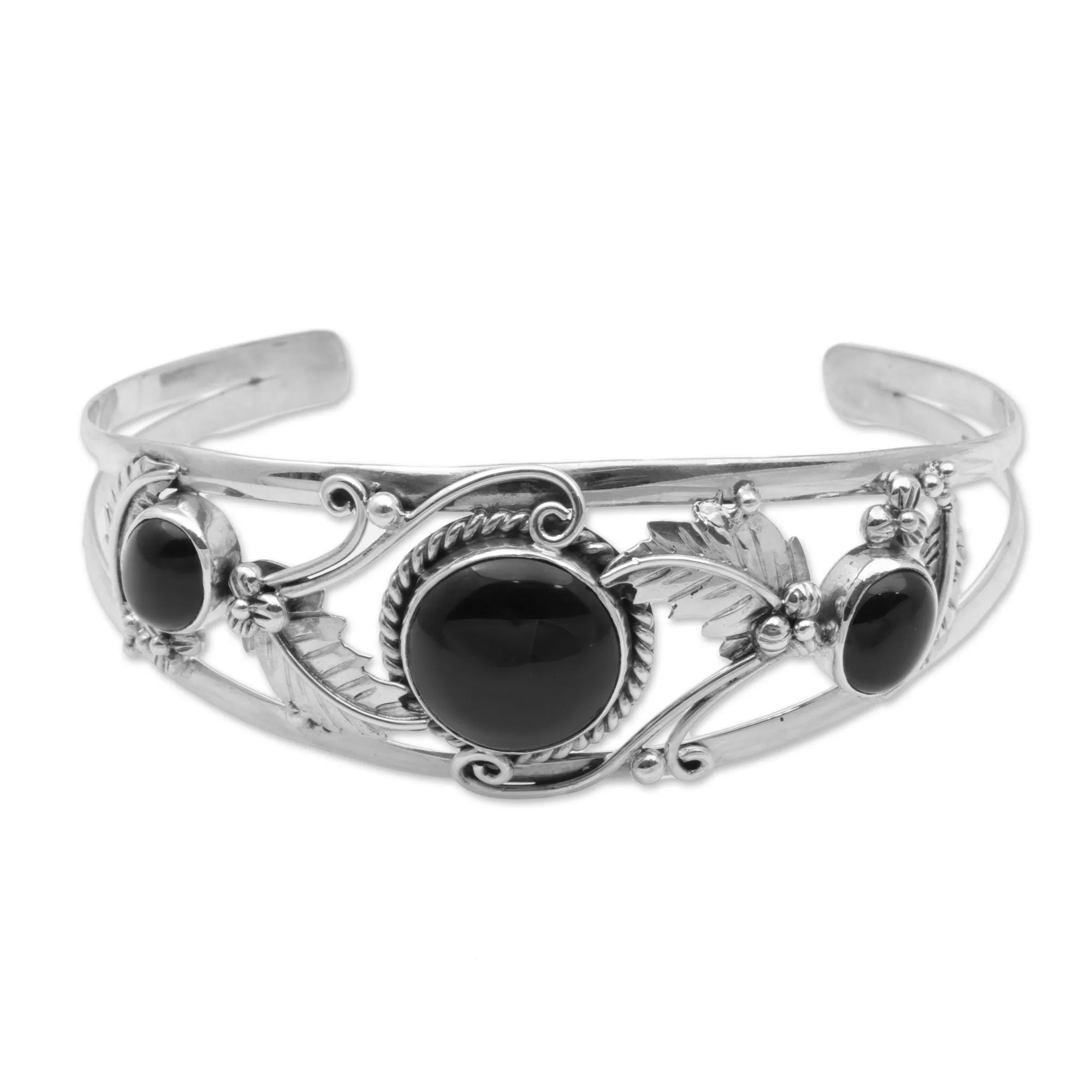 Night Leaves Onyx and Sterling Silver Leafy Cuff Bracelet from Bali