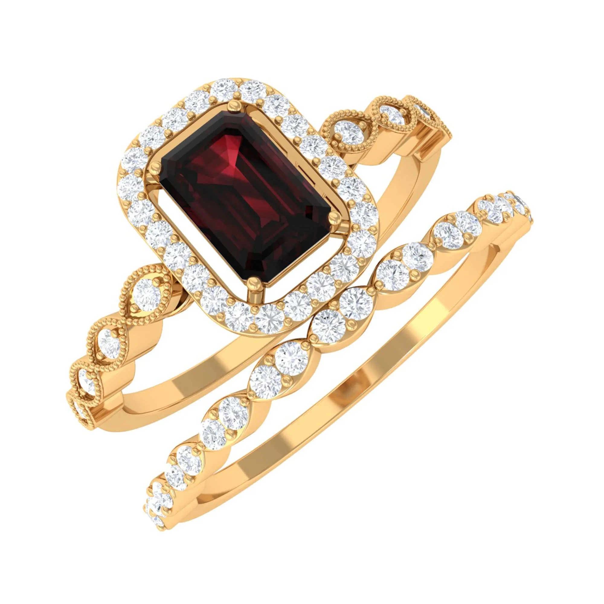 Octagon Cut Garnet and Diamond Designer Ring Set