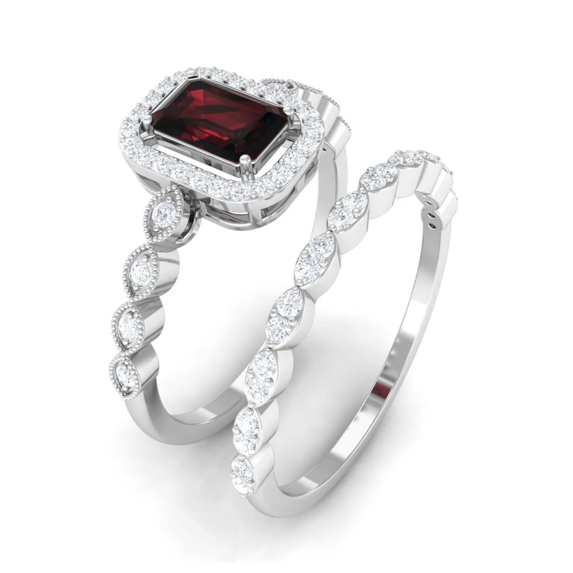 Octagon Cut Garnet and Diamond Designer Ring Set