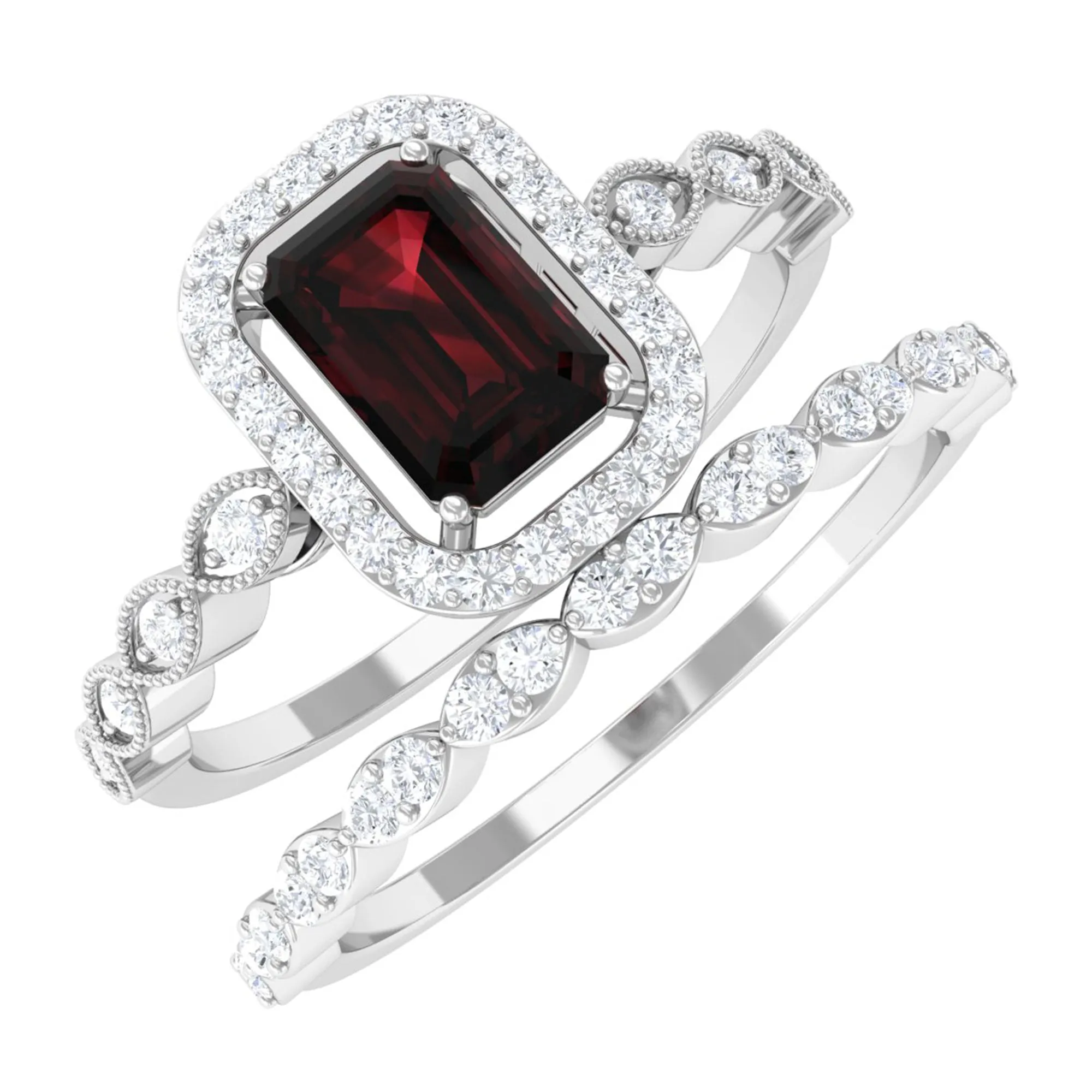 Octagon Cut Garnet and Diamond Designer Ring Set