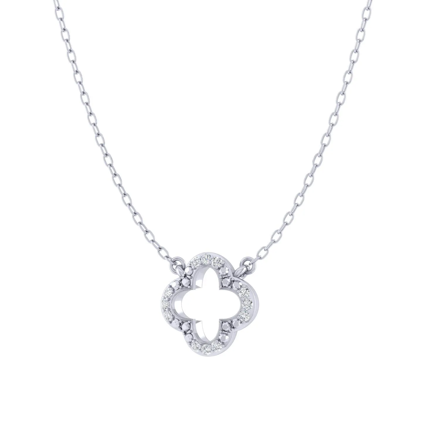 Open Four Leaf Clover 1/20 Cttw Natural Diamond Pendant Necklace set in 925 Sterling Silver